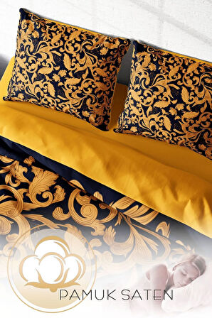 Lastikli Çarşaflı %100 Pamuk Saten Çift Kişilik Nevresim Takımı Gold Floral