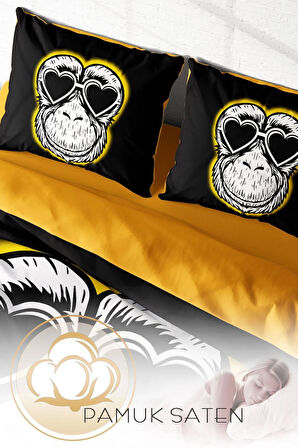 Lastikli Çarşaflı %100 Pamuk Saten Çift Kişilik Nevresim Takımı Monkey