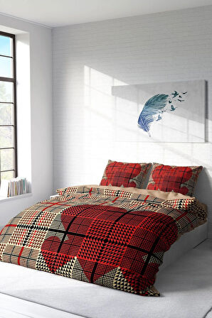 Lastikli Çarşaflı %100 Pamuk Saten Çift Kişilik Nevresim Takımı Square Heart