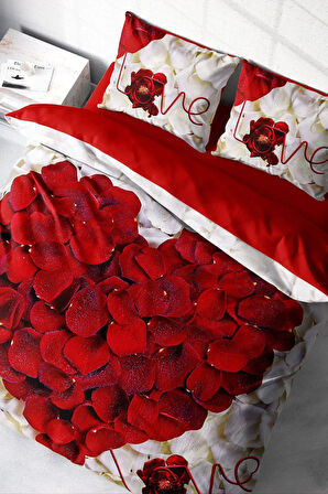 Lastikli Çarşaflı %100 Pamuk Saten Çift Kişilik Nevresim Takımı Heart Rose