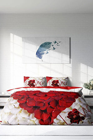 Lastikli Çarşaflı %100 Pamuk Saten Çift Kişilik Nevresim Takımı Heart Rose
