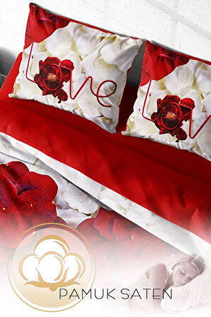Lastikli Çarşaflı %100 Pamuk Saten Çift Kişilik Nevresim Takımı Heart Rose