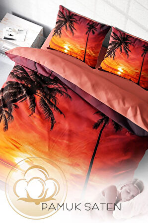 Lastikli Çarşaflı %100 Pamuk Saten Çift Kişilik Nevresim Takımı Gun Batımı