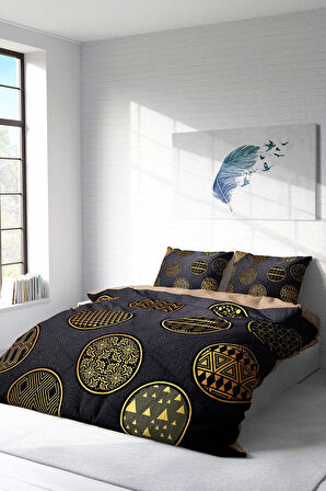 Lastikli Çarşaflı %100 Pamuk Saten Çift Kişilik Nevresim Takımı Gold Black Circle