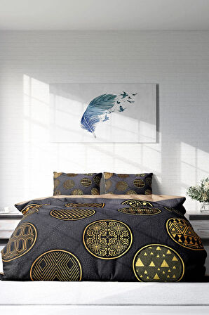 Lastikli Çarşaflı %100 Pamuk Saten Çift Kişilik Nevresim Takımı Gold Black Circle