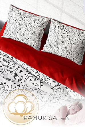 Lastikli Çarşaflı %100 Pamuk Saten Çift Kişilik Nevresim Takımı Catsy