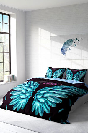 Lastikli Çarşaflı %100 Pamuk Saten Çift Kişilik Nevresim Takımı Blue Wing Pamuk Saten