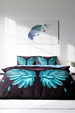 Lastikli Çarşaflı %100 Pamuk Saten Çift Kişilik Nevresim Takımı Blue Wing Pamuk Saten