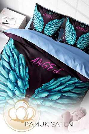 Lastikli Çarşaflı %100 Pamuk Saten Çift Kişilik Nevresim Takımı Blue Wing Pamuk Saten