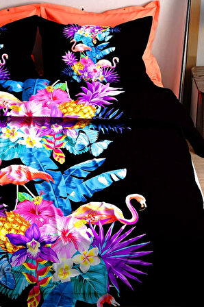 Lastikli Çarşaflı %100 Pamuk Saten Çift Kişilik Nevresim Takımı Flamingo III