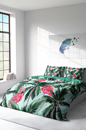 Lastikli Çarşaflı %100 Pamuk Saten Çift Kişilik Nevresim Takımı Flamingo II