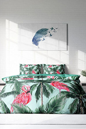 Lastikli Çarşaflı %100 Pamuk Saten Çift Kişilik Nevresim Takımı Flamingo II