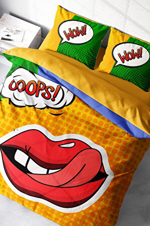 Lastikli Çarşaflı %100 Pamuk Saten Çift Kişilik Nevresim Takımı Ooops Lips