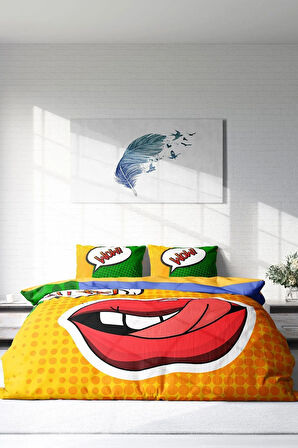 Lastikli Çarşaflı %100 Pamuk Saten Çift Kişilik Nevresim Takımı Ooops Lips