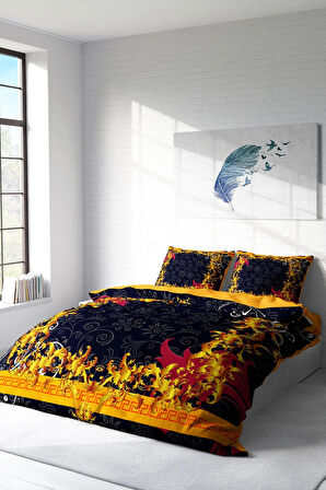 Lastikli Çarşaflı %100 Pamuk Saten Çift Kişilik Nevresim Takımı Golden Baraque