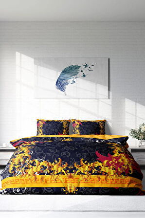 Lastikli Çarşaflı %100 Pamuk Saten Çift Kişilik Nevresim Takımı Golden Baraque