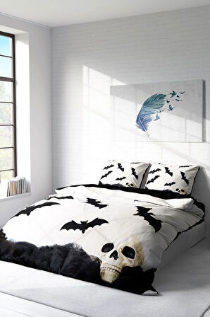 Lastikli Çarşaflı %100 Pamuk Saten Çift Kişilik Nevresim Takımı Yarasa