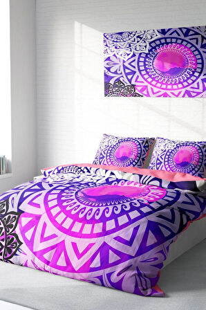 Lastikli Çarşaflı %100 Pamuk Saten Çift Kişilik Nevresim Takımı Purple Ring