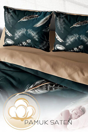 Lastikli Çarşaflı %100 Pamuk Saten Çift Kişilik Nevresim Takımı Black Feather