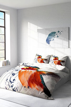 Lastikli Çarşaflı %100 Pamuk Saten Çift Kişilik Nevresim Takımı Alaycı Kuş