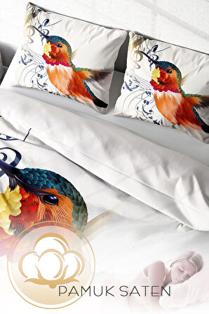 Lastikli Çarşaflı %100 Pamuk Saten Çift Kişilik Nevresim Takımı Alaycı Kuş