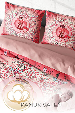 Lastikli Çarşaflı %100 Pamuk Saten Çift Kişilik Nevresim Takımı Sevgililer Günü XII
