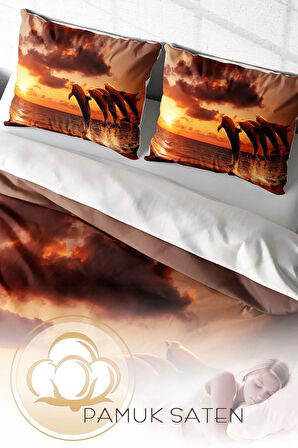 Lastikli Çarşaflı %100 Pamuk Saten Çift Kişilik Nevresim Takımı Dolphin1