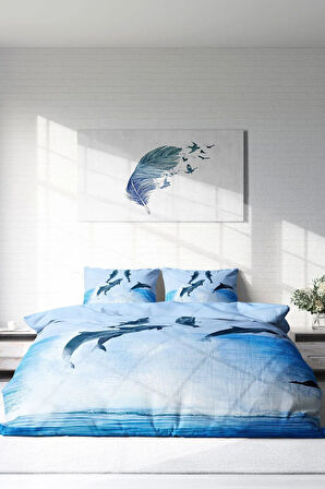 Lastikli Çarşaflı %100 Pamuk Saten Çift Kişilik Nevresim Takımı Dolphin2