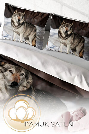 Lastikli Çarşaflı %100 Pamuk Saten Çift Kişilik Nevresim Takımı SnowWolf