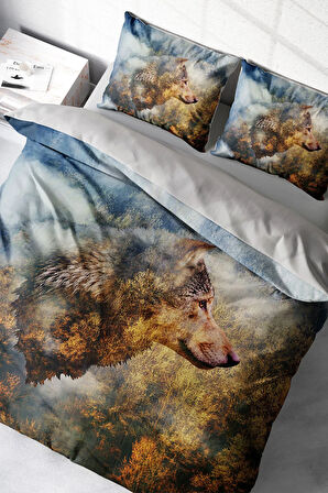 Lastikli Çarşaflı %100 Pamuk Saten Çift Kişilik Nevresim Takımı WolfFace