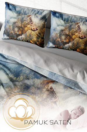 Lastikli Çarşaflı %100 Pamuk Saten Çift Kişilik Nevresim Takımı WolfFace
