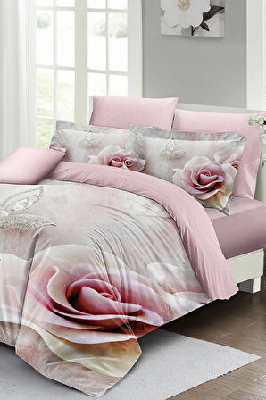 Lastikli Çarşaflı %100 Pamuk Saten Çift Kişilik Nevresim Takımı WildRose