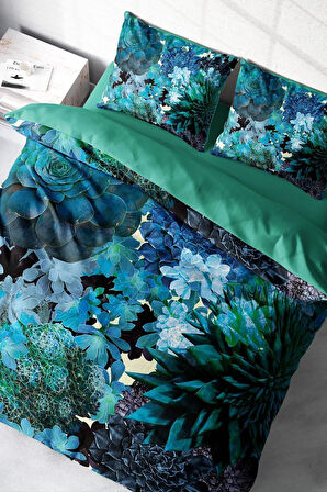 Lastikli Çarşaflı %100 Pamuk Saten Çift Kişilik Nevresim Takımı Deep Akvaryum