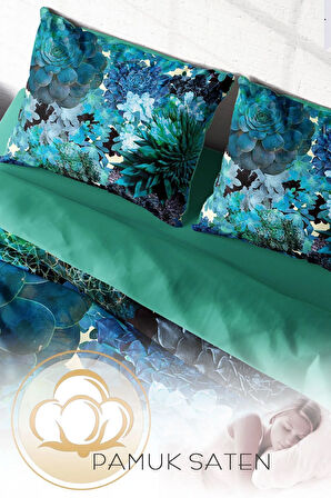 Lastikli Çarşaflı %100 Pamuk Saten Çift Kişilik Nevresim Takımı Deep Akvaryum