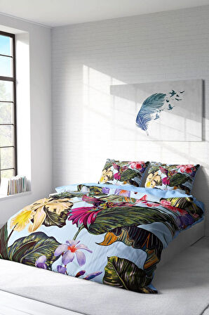 Lastikli Çarşaflı %100 Pamuk Saten Çift Kişilik Nevresim Takımı Bird Tropik