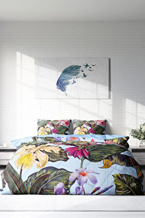 Lastikli Çarşaflı %100 Pamuk Saten Çift Kişilik Nevresim Takımı Bird Tropik