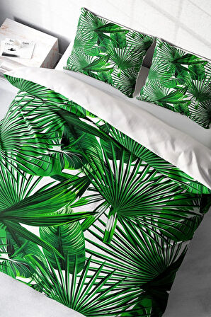 Lastikli Çarşaflı %100 Pamuk Saten Çift Kişilik Nevresim Takımı Palmiye