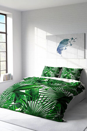 Lastikli Çarşaflı %100 Pamuk Saten Çift Kişilik Nevresim Takımı Palmiye