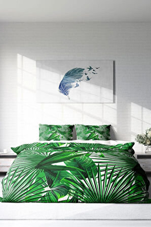 Lastikli Çarşaflı %100 Pamuk Saten Çift Kişilik Nevresim Takımı Palmiye