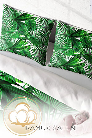 Lastikli Çarşaflı %100 Pamuk Saten Çift Kişilik Nevresim Takımı Palmiye