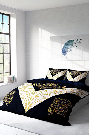 Lastikli Çarşaflı %100 Pamuk Saten Çift Kişilik Nevresim Takımı Osmanlı Motifleri V