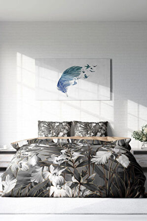 Lastikli Çarşaflı %100 Pamuk Saten Çift Kişilik Nevresim Takımı Gray Casual