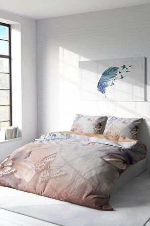 Lastikli Çarşaflı %100 Pamuk Saten Çift Kişilik Nevresim Takımı Mariposa