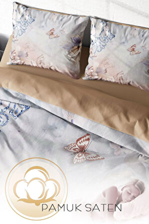 Lastikli Çarşaflı %100 Pamuk Saten Çift Kişilik Nevresim Takımı Mariposa