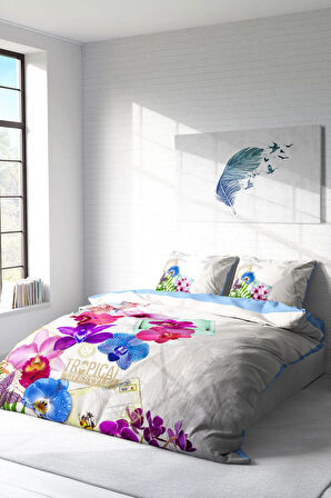 Lastikli Çarşaflı %100 Pamuk Saten Çift Kişilik Nevresim Takımı Viola