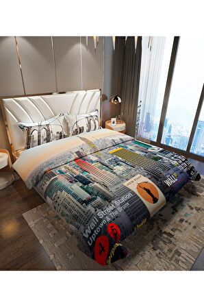 Lastikli Çarşaflı %100 Pamuk Saten Çift Kişilik Nevresim Takımı New York