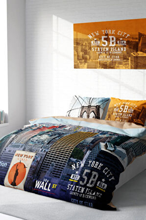 Lastikli Çarşaflı %100 Pamuk Saten Çift Kişilik Nevresim Takımı New York