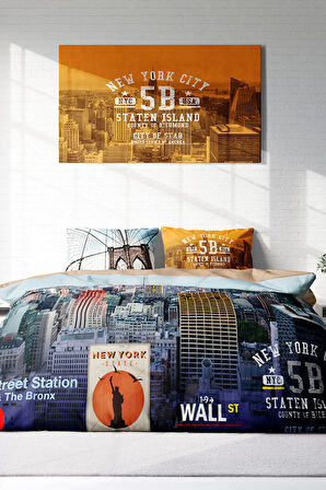 Lastikli Çarşaflı %100 Pamuk Saten Çift Kişilik Nevresim Takımı New York