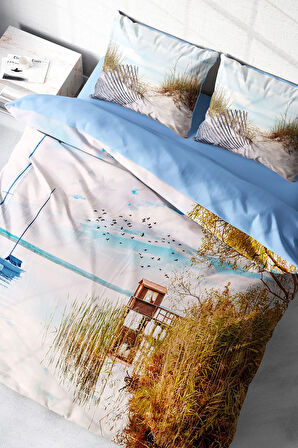 Lastikli Çarşaflı %100 Pamuk Saten Çift Kişilik Nevresim Takımı Reeds