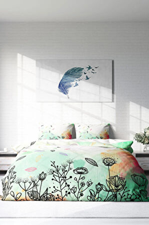 Lastikli Çarşaflı %100 Pamuk Saten Çift Kişilik Nevresim Takımı Fantastic Leaves